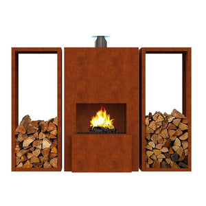 Outdoor Freestanding Weathering Rusty Corten Steel Fireplace With Wood Storages, HCF-001